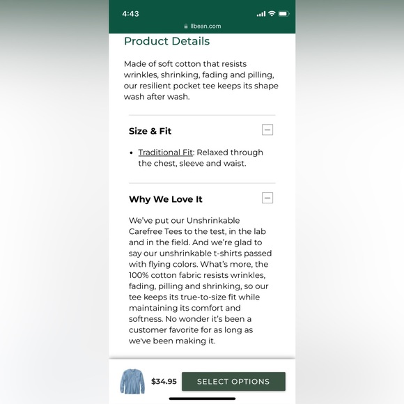 LL Bean men’s Carefree Unshrinkable long sleeve pocket tee, traditional fit, NWT - Picture 5 of 5
